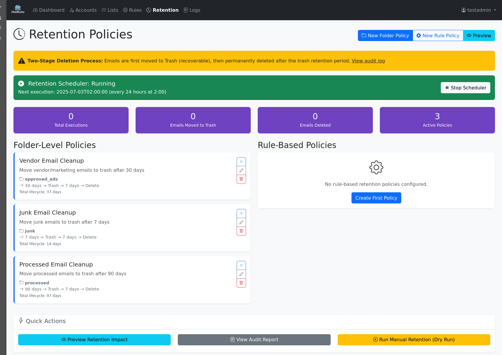 Email Retention Management Interface